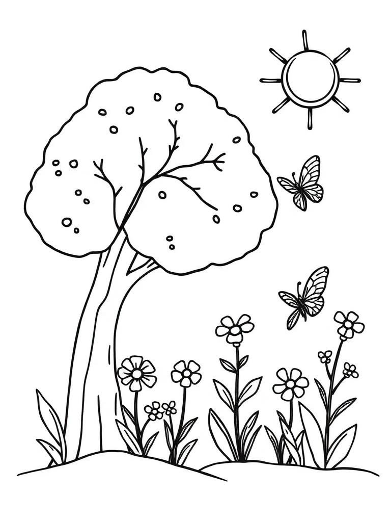 Desenho infantil de árvore e flores para colorir